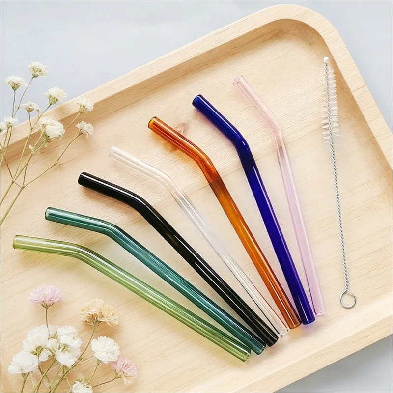 Colorful Bent Glass Straws 150x8mm Reusable Drinking Straws with Cleaning Brush for Smoothie, Juice, Coffee - Eco-Friendly Drink