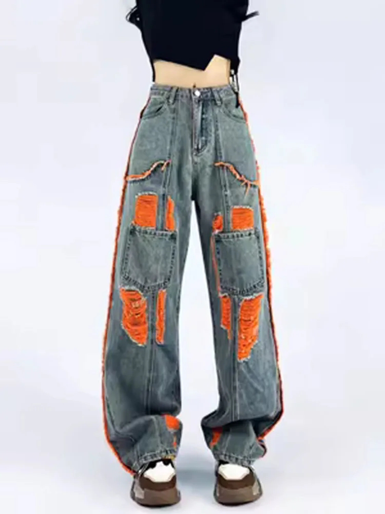 

Wide Leg Pants For Women 2024 Autumn New Style Contrasting Holes Ripped Straight Loose Casual Street Jeans For Women