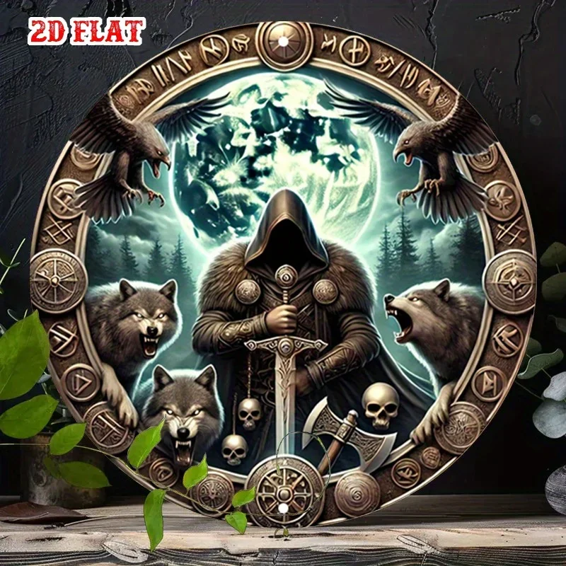 Mysterious Warrior circular logo, Gothic Moon circular logo - Fantasy Wolf-themed rural wall decoration, wooden wall decor