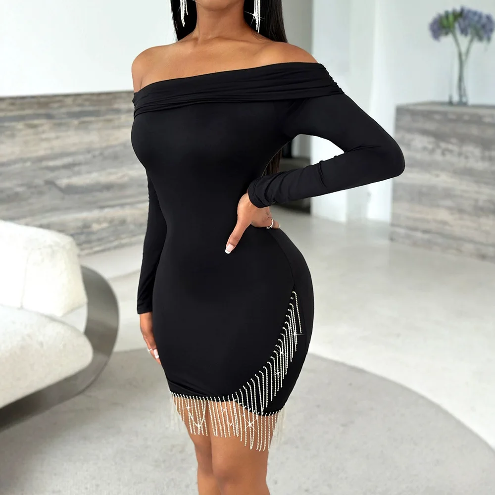 Mini Dress for Woman Party Night Birthday Off Shoulder Tassel Hem Bodycon Dresses Long Sleeve Split Pencil Skirt 2024 Fall New