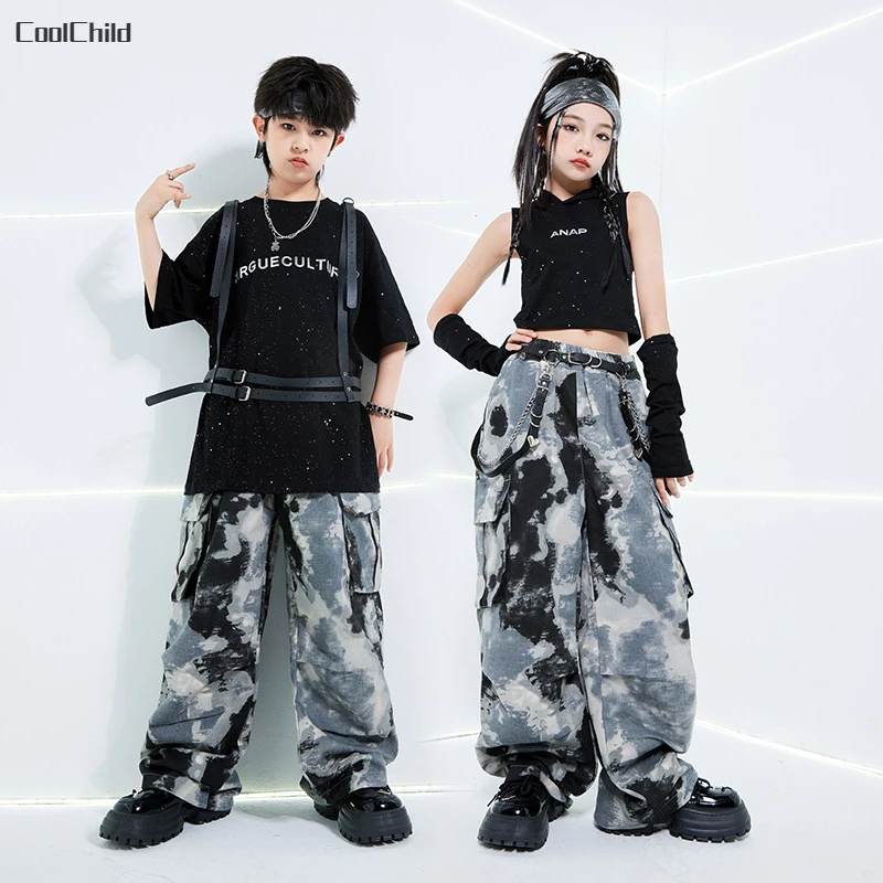 Girls Hip Hop Cool Crop Hoodies Tie Dyed Cargo Pants Boys Street Dance T-shirt Kids Streetwear Teens Costumes Jazz Clothes Sets