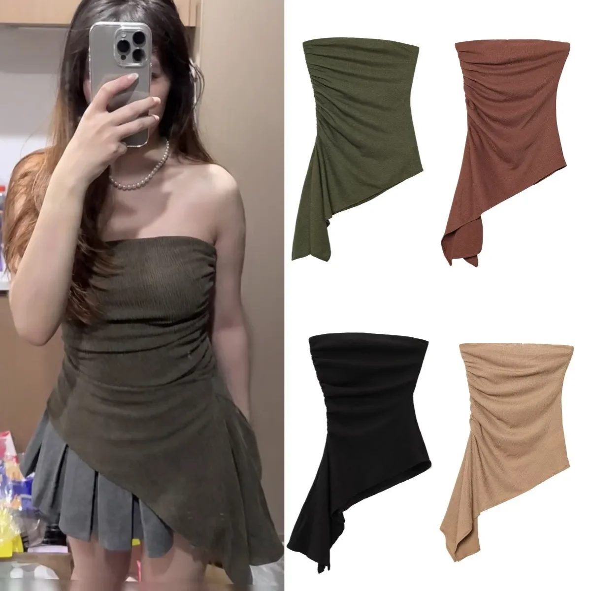 LIBIELIY Summer Women's Sexy Asymmetrical Texture Off-the-shoulder Straight-neck Wraparound Chest Fashion Top