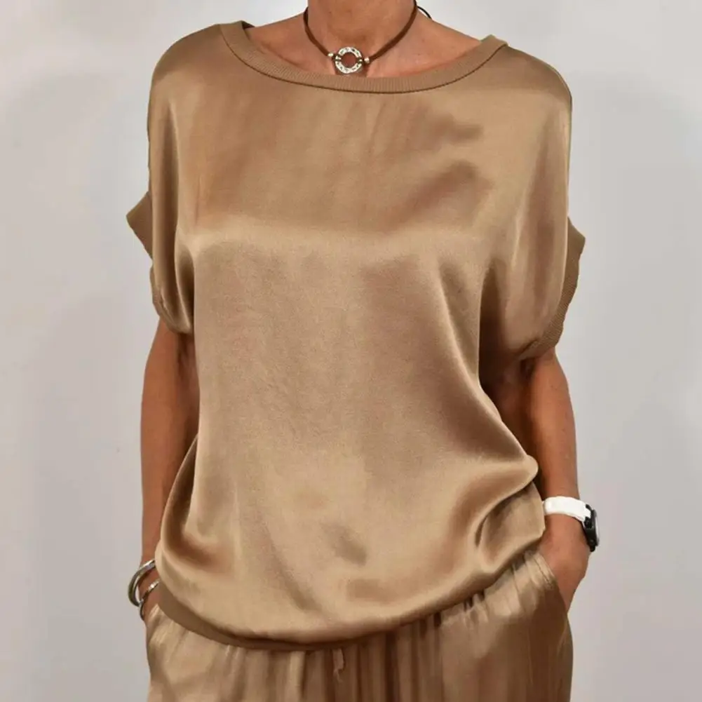 

Satin Short-sleeved Top Women's Satin Silky Two-Piece Set Casual Crew Neck Short Sleeve Top Wide Leg Pants Set Loose Loungewear