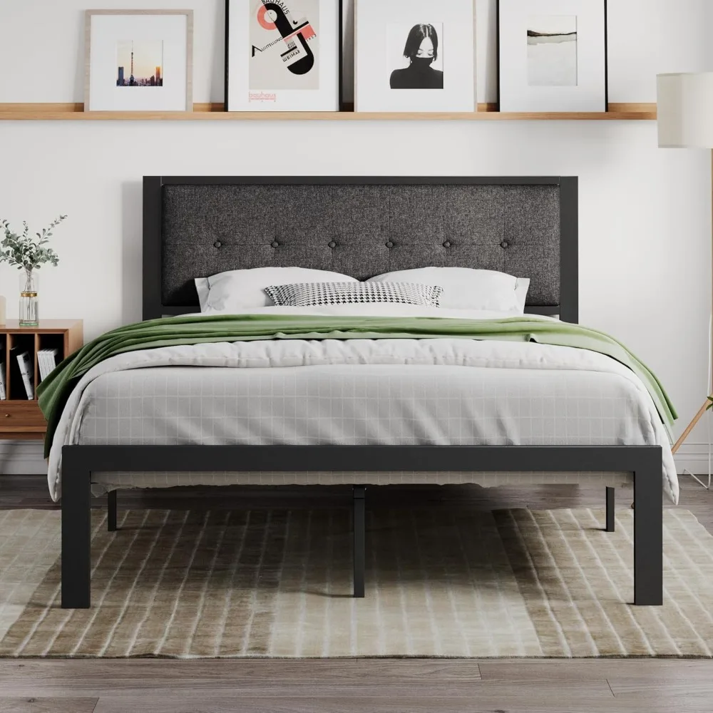 

Queen Bed Frame with Upholstered Headboard, 17 Steel Slats Support, No Box Spring Needed, Easy Assembly, Dark Grey, Bed Frame