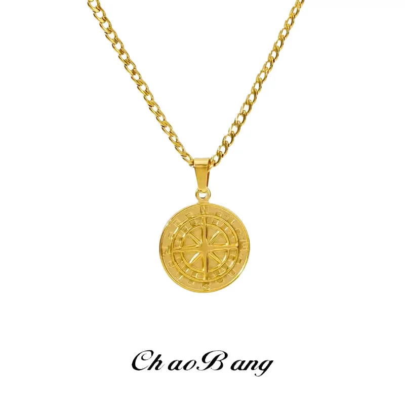 Geometric Alloy Pendant Necklace Featuring Handcrafted Double-Layer Compass Design With Twisted or Dragon-Inspired Chains In Gol