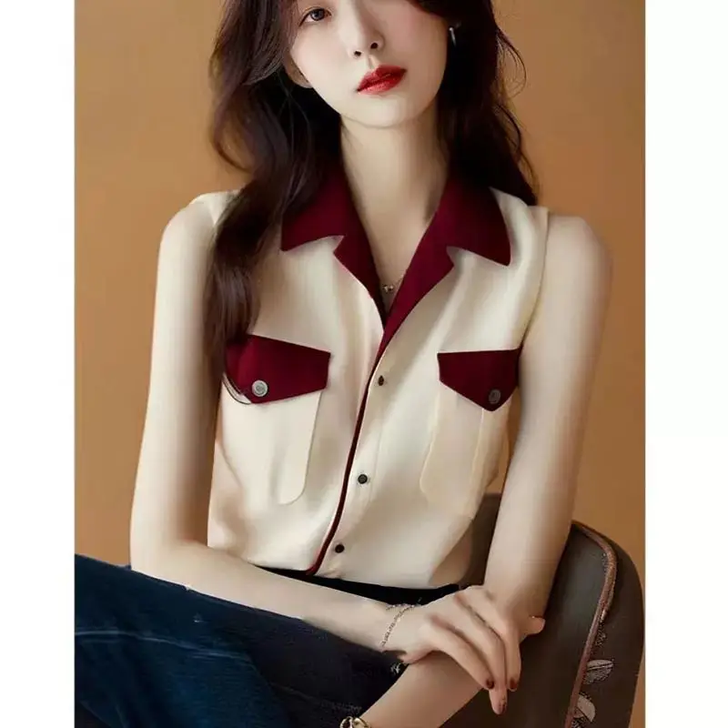 

Red Contrasting Sleeveless Blouse for Women's Summer New French Collar Fashionable Chiffon Top with Patchwork