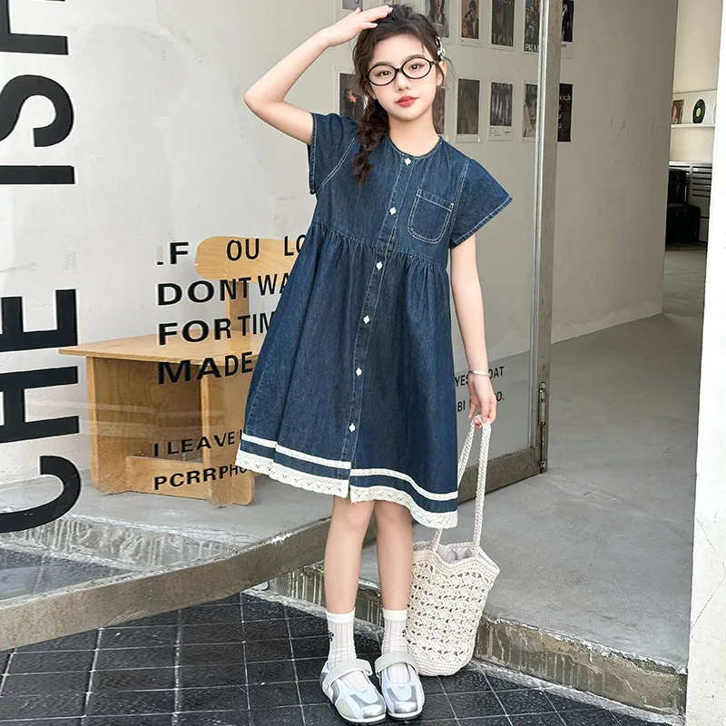 

Летнее повседневное синее платье для девочек-подростков, джинсовые платья с кружевными краями для детей 4–8 10, 12, 14 лет, платья, детская одежда