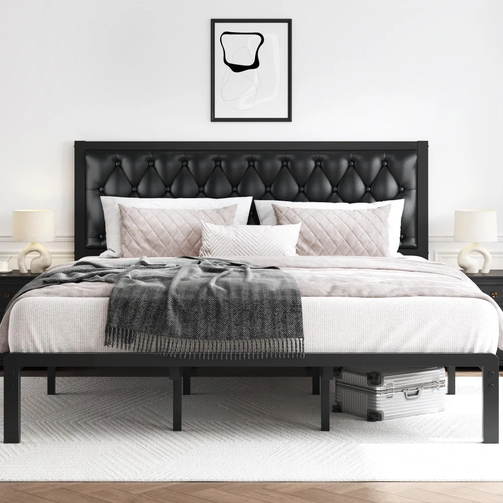 King Bed Frame with Upholstered Button Tufted Headboard, Bed Frame Platform Metal Slats Support, Under Bed Storage, No