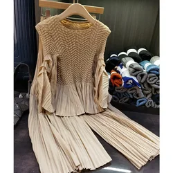 Pleats Fashion Simple Pleated Suit Female Fall New Temperament Commuter Pleated Top Wide Leg Pants Two-piece Set Women Clothing