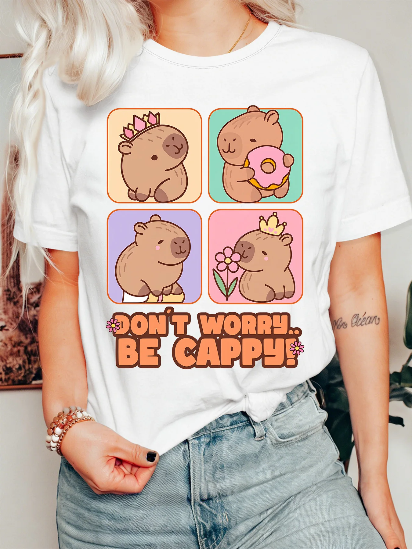 Kawaii Capybara Womens T Shirt Don T Worry Be Cappy Cute Animal Graphic Tee Short Sleeve Casual Daily Streetwear Ladies Tops
