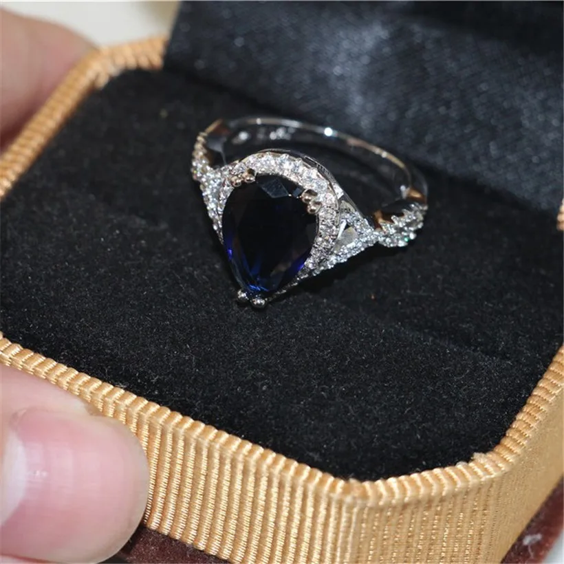 Luxury Drop 4ct Blue Sapphire Engagement Rings finger 10KT White Gold Filled Wedding Rings for Women Jewelry gift