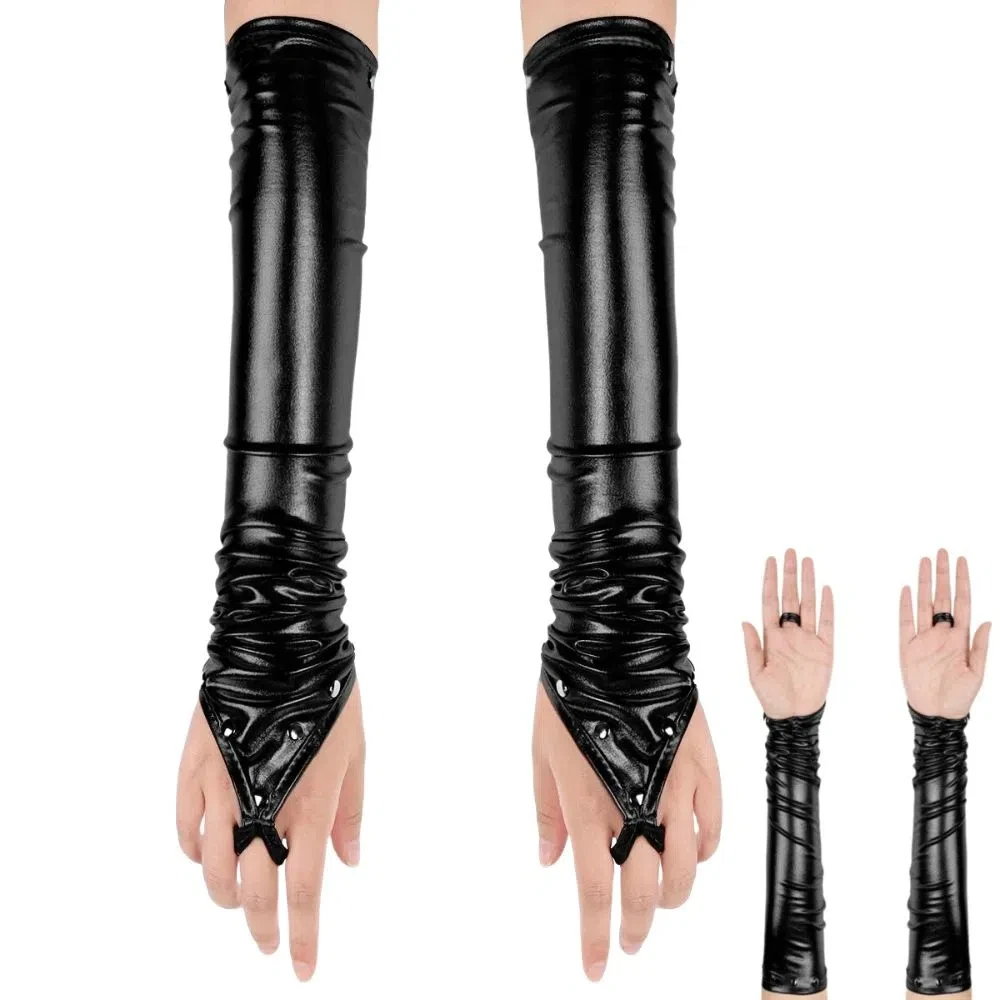 

Fingerless Design Women Latex Gloves Long Shiny Surface Metallic Gloves Stretchy Material Rivets Detail Wetlook Gloves
