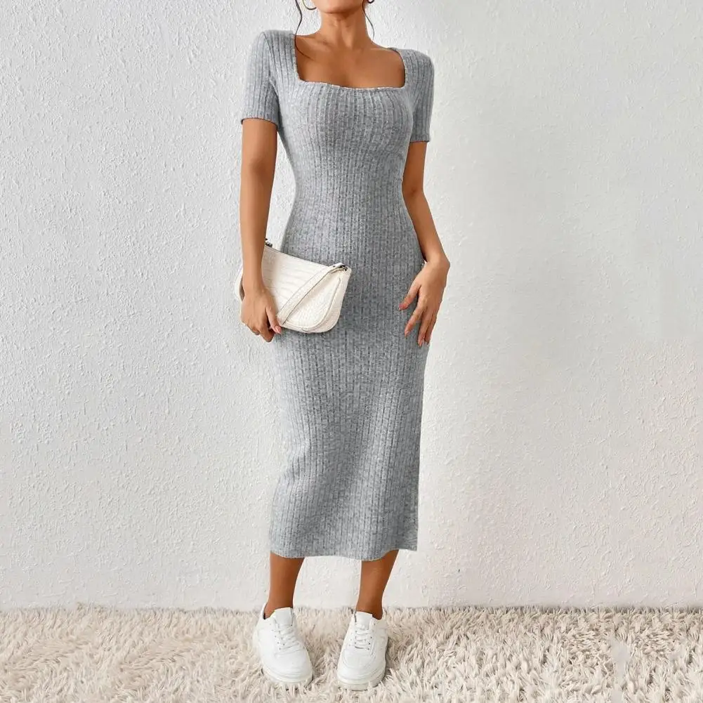 

Women Summer Dress Square Neck Split Hem Knitted Midi Dress Solid Color Mid-calf Length Short Sleeves Lady Midi Dress