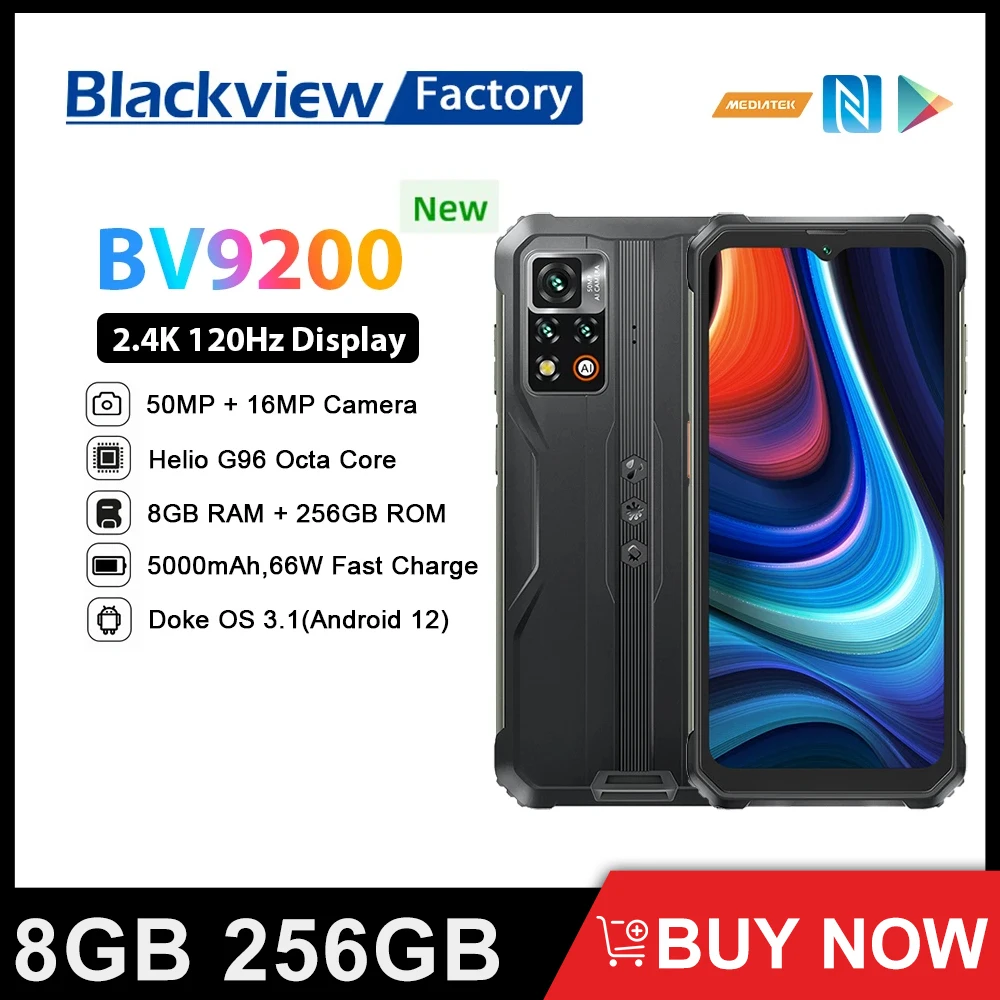 BLACKVIEW BV9200 8GB 256GB Rugged Smartphone 66W Fast Charge Mobile Phone 6.6 Inch 120Hz Screen 50MP Camera Android 12 Cellphone