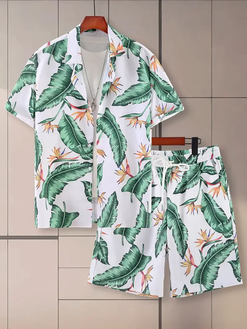 Hawaiian Shirt Set Men 3D Printed Plant Pattern Summer Neutral Fashion Casual Simple Button-up Shirt + Shorts 2-piece Set