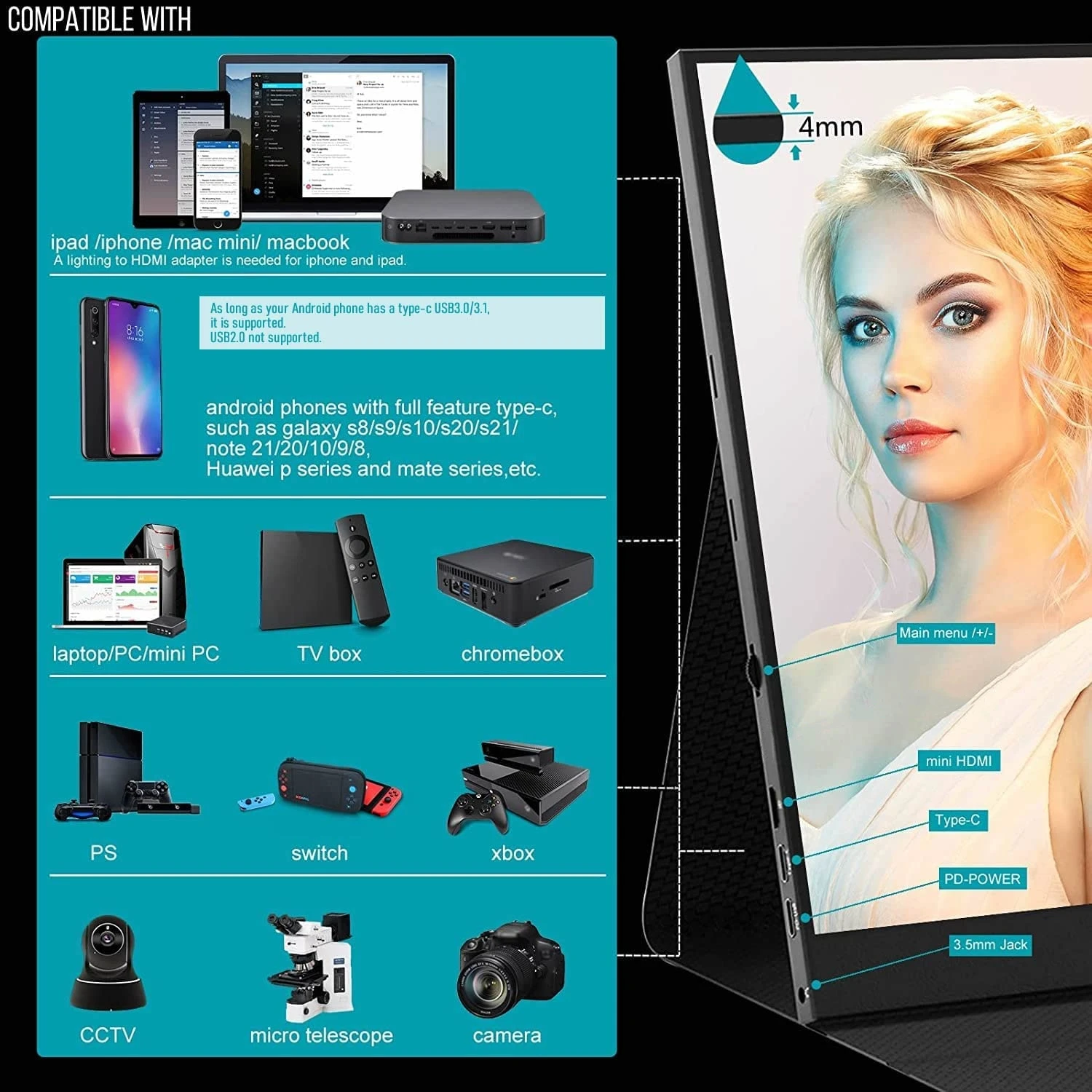 FHD 1080P Display 100% SRGB 60MHz IPS HDR Built-in Speaker Travel Monitors 17.3 Inch Portable Monitor VESA Laptop Gaming PS4