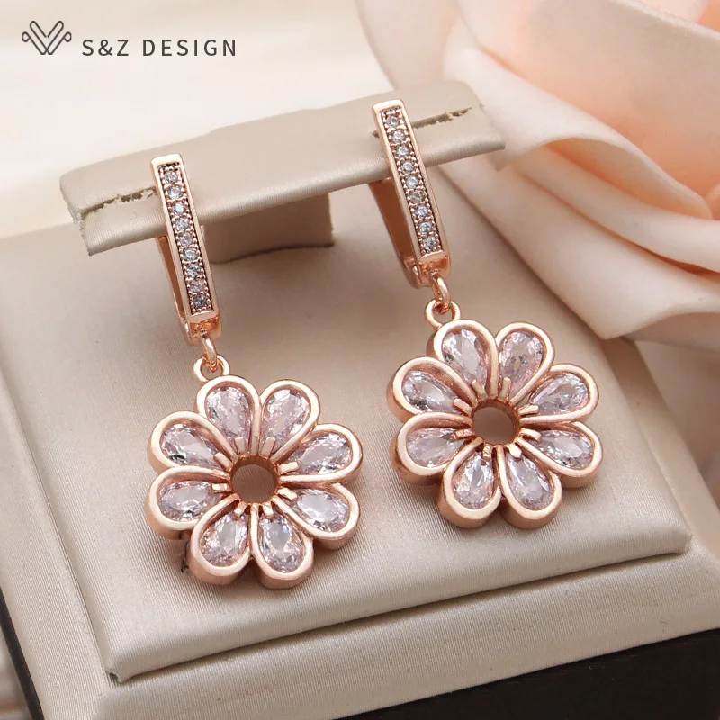 

S&Z DESIGN New Fashion Elegant Flowers Cubic Zirconia Dangle Earrings For Women Vintage 585 Rose Gold Color Fine Jewelry Gift