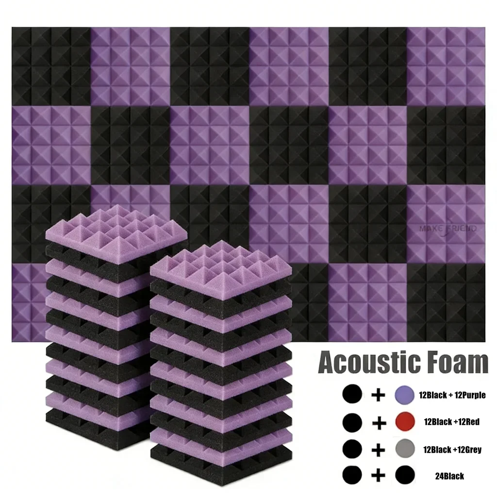 24Pcs 25x25x5cm Studio Acoustic Foam Pyramid Sound-Absorbing Foam Noise Insulation Treatment Panels 12Black 12Purple For Home