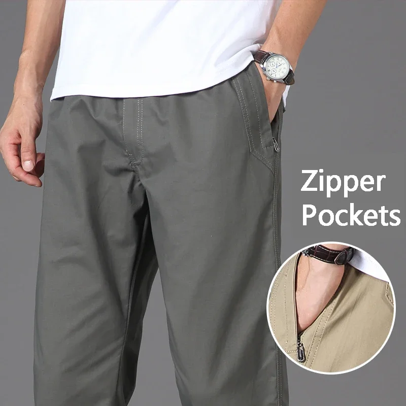 Pantalones informales con bolsillos y cremallera para hombre, Pantalón de algodón de alta calidad, cintura elástica, utilitario deportivo para el