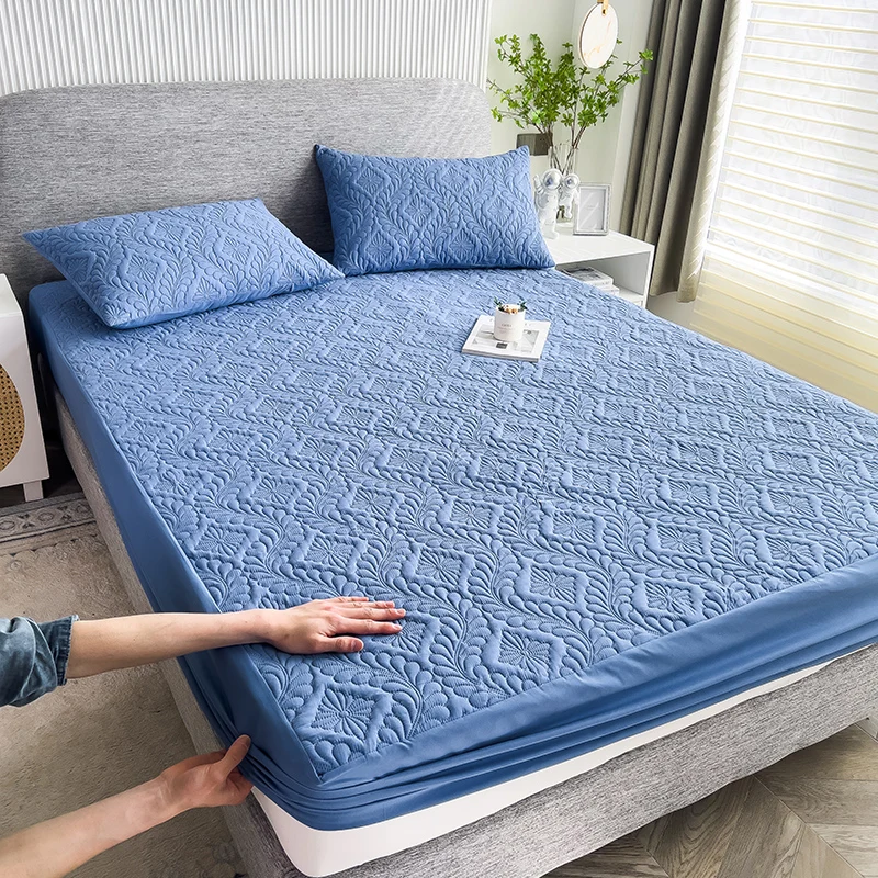 Waterproof Bed Cover Quilted Bedsheet Solid Color Mattress Cover Thickened Fitted Sheet Home Bedspread 매트리스 커버 (No Pillowcase)