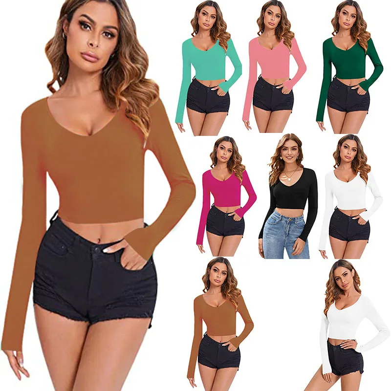 European and American Women's Clothing Cross-border New Hot-selling Sexy Slim-fitting V-neck Long-sleeved Short Cw69916