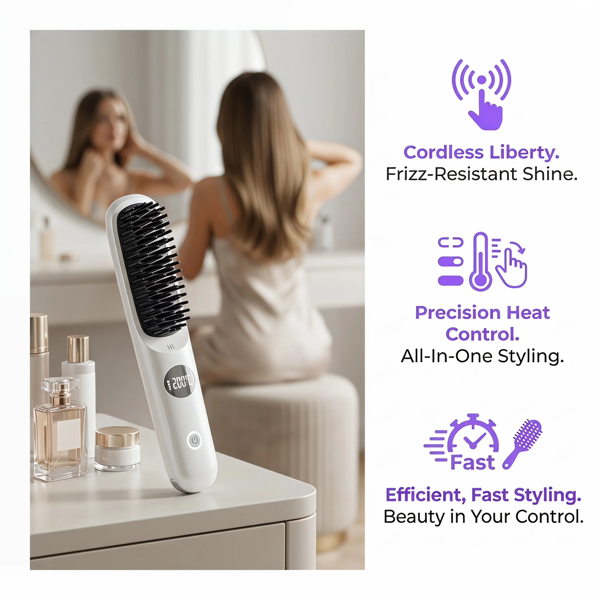 Cepillo alisador de cabello inalámbrico para viaje, peine alisador de cabello portátil con iones negativos, mini cepillo caliente para mujeres