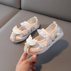 Zapatos de tela bordados para niñas, zapatillas de estilo tradicional, con cadena de perlas de sirena, zapatos de rendimiento Hanfu para niños antiguos chinos