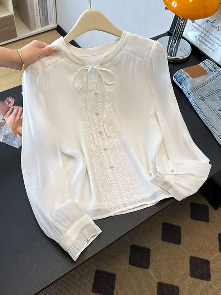 

White Long Sve irt Women's 2025 Autumn Winter New Sle Belted Wood ain Versatile Ele Top High-End Feeling Bl...