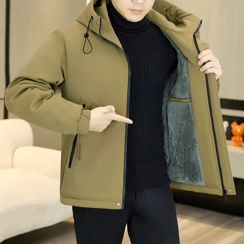 New Autumn and Winter Outdoor Sports Windproof Fleece-Lined Thickened Warm Hooded Jacket Men's Casual Loose Plus Size Jacket