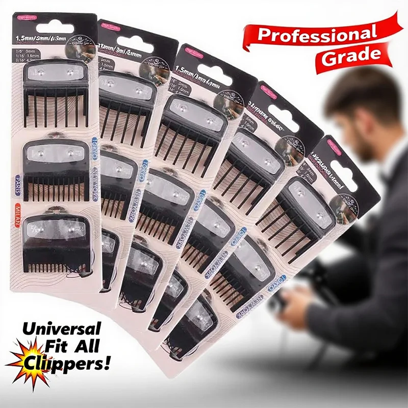 

Набор расчесок для машинки для стрижки волос Black Limit — прикрепляемые направляющие расчески, триммер, инструменты для укладки, совместимые с защитой машинки для стрижки 1,5 мм, 3 мм, 4,5 мм