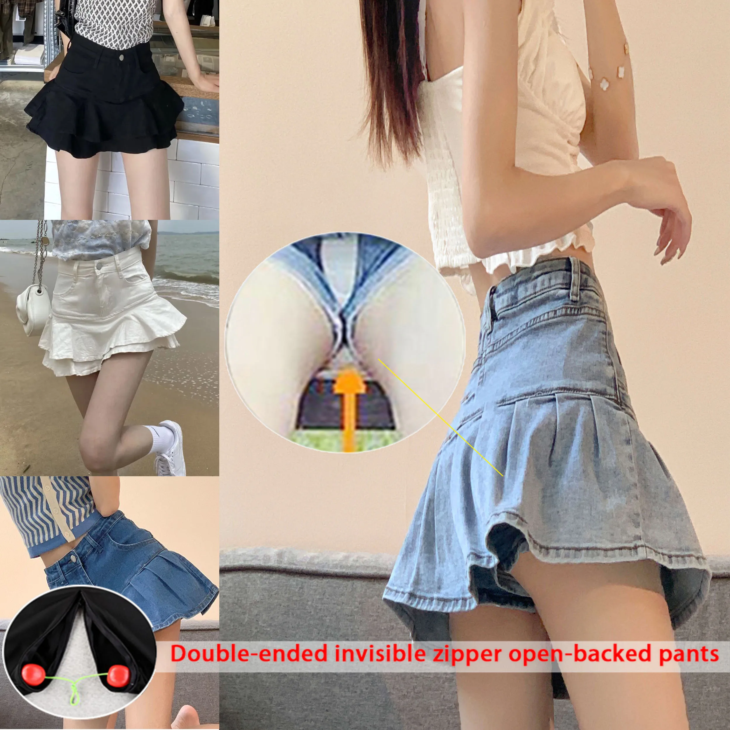 Ruffled Denim Skirt Woman's Luxury Pleated Skirt Open Crotch Hakama Female Thin Section High Waist Miniskirt Outdoor Sex Skirt