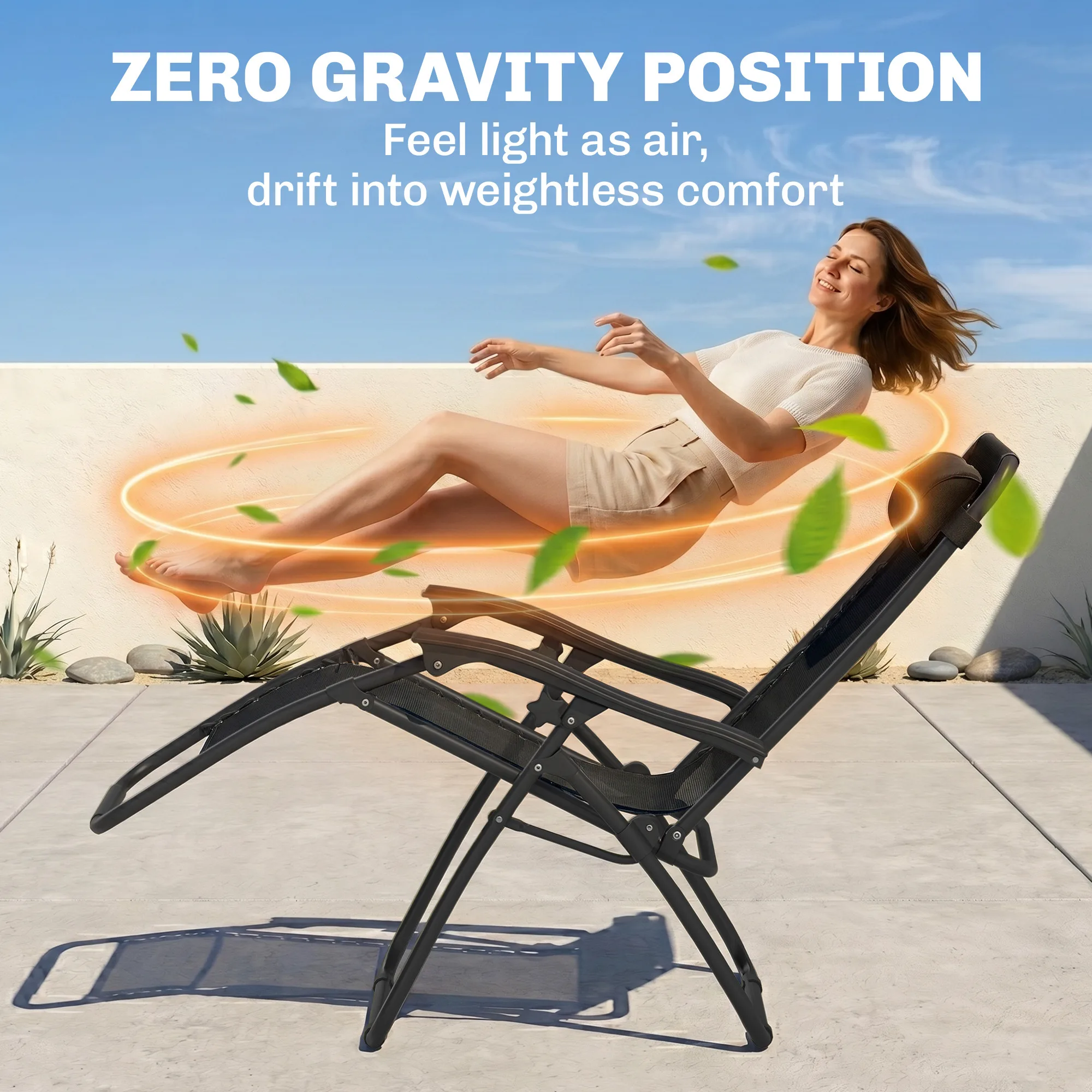Outsunny 3pcs Folding Zero Gravity Chairs Sun Lounger Table Set w/ Cup Holders Reclining Garden Yard Pool, Black