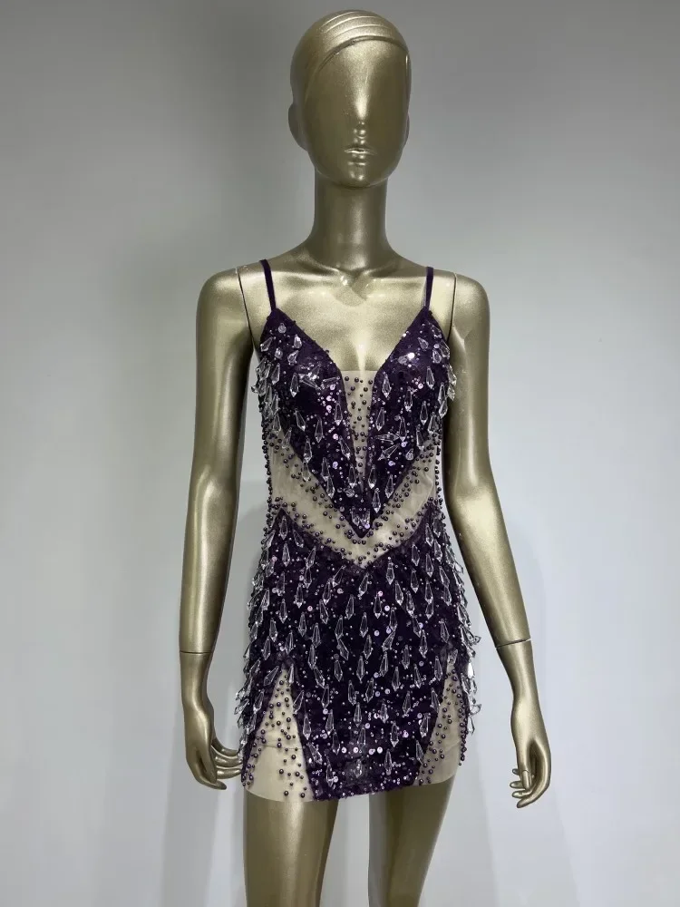 Luxury Women Sexy V Neck Beading Crystal Mesh Sequins Mini Bodycon Dress Birthday Stage Costume Party Night Club Dress