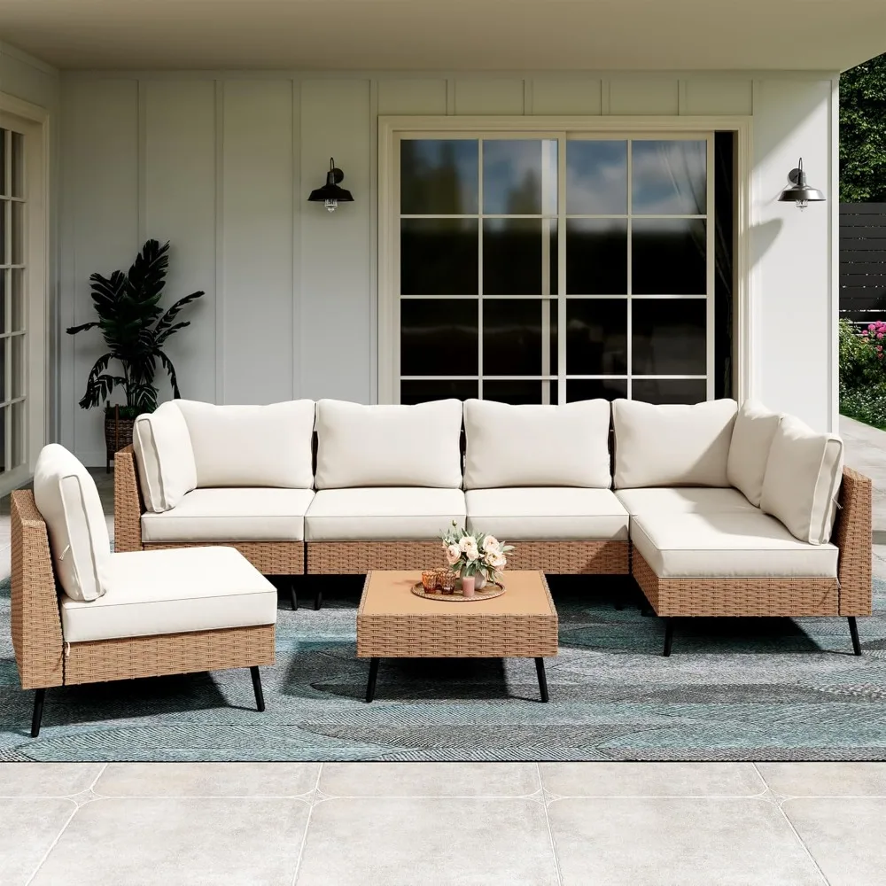 Outdoor patio furniture, 7-piece outdoor combination sofa PE rattan wicker patio dialogue set, all-weather patio furniture set