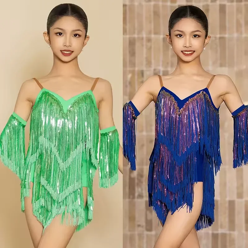 女の子ラテンダンス競技ドレススパンコールタッセルパフォーマンスダンス衣装子供サンバルンバダンス服ブルーグリーンドレス子供