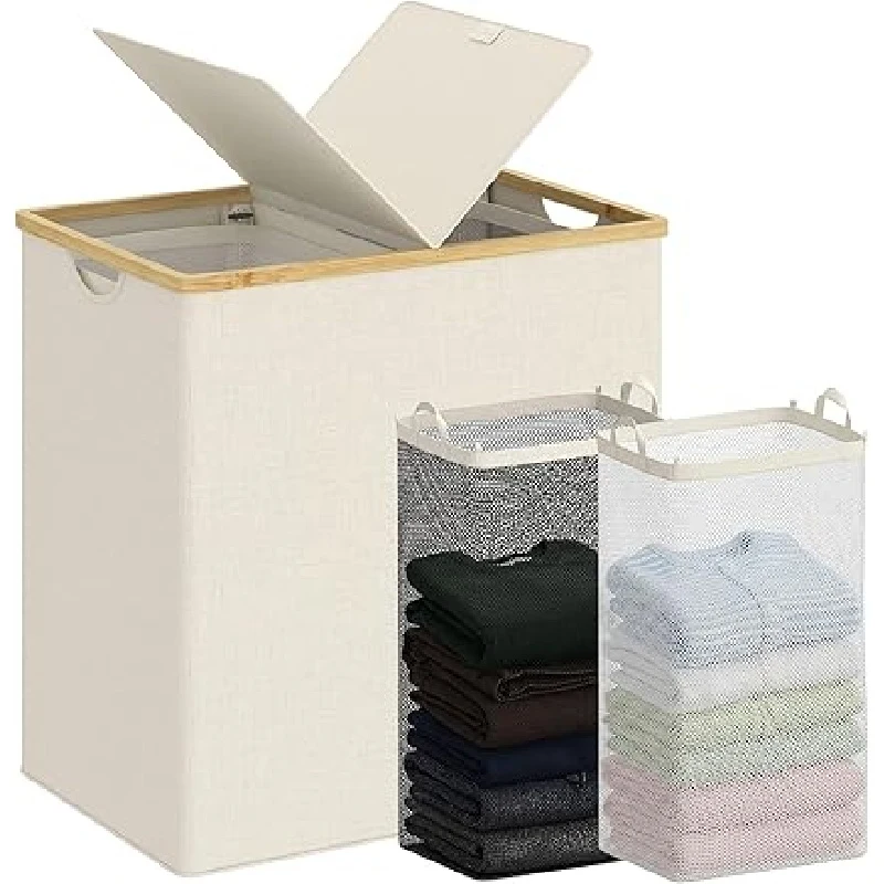 Laundry Hamper Lid Double Hamper 2 Removable Bags Section Basket Bamboo Handles Bathroom Room Storage Box Beige Bedroom Shelve