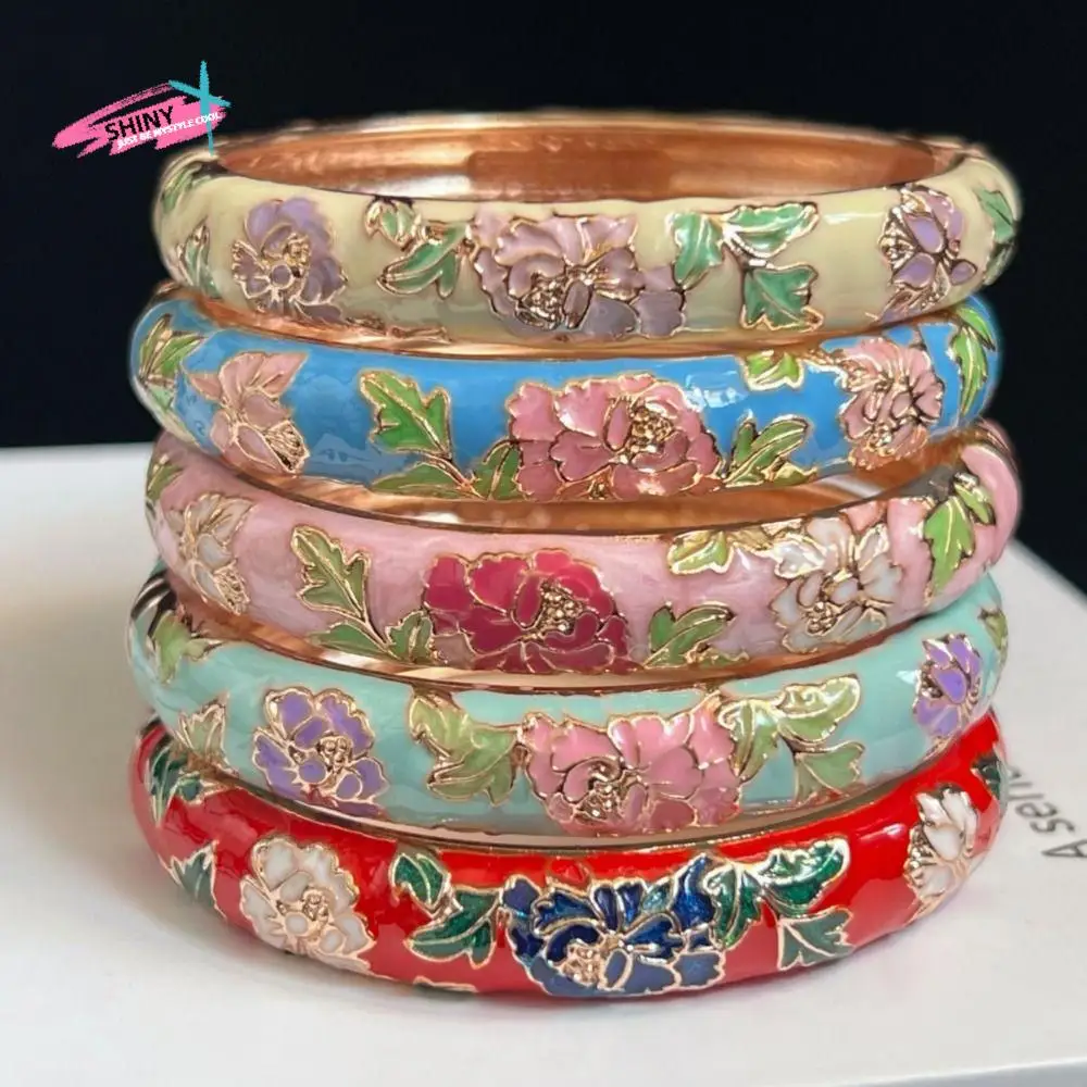 Enamel Chinese Cloisonne Bracelet Traditional Double Bangle Peony Filigree Flower Bangle Classic Chinese Women's Hand Bracelet