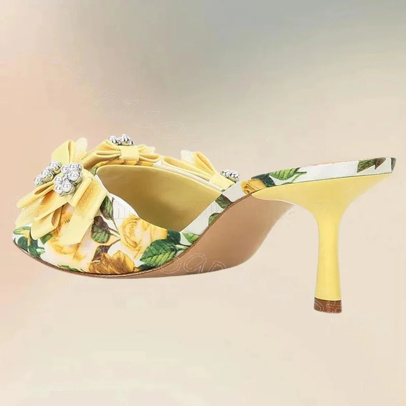 

Floral Print Beads Design Yellow Bow Knot Slippers Slip On Women Shoes Thin High Heels Party Banquet 2025 Zapatos Para Mujere