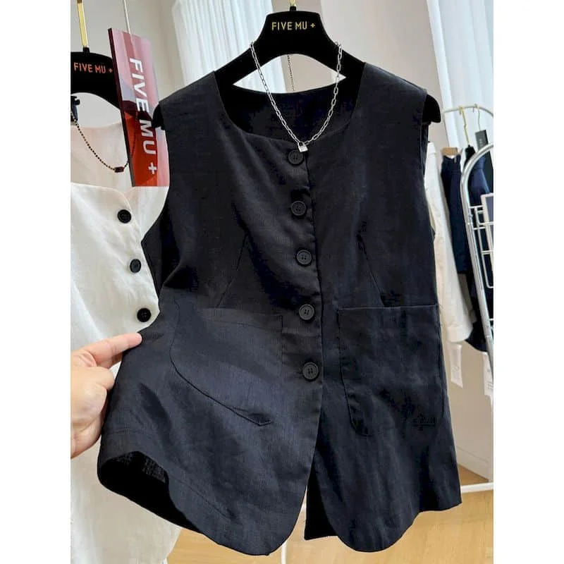 

Elegant Vest V-neck Soild Casual Korean Style Sleeveless Cropped Belt Design Single Breasted Shirts Summer Sale Women Clothing