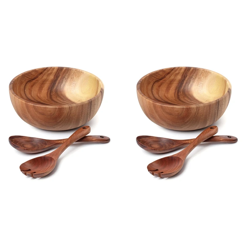 

2X Wooden Salad Bowl-Large 9.4 Inch Acacia Wood Salad Wooden Bowl With Spoon, Can Be Used For Fruit, Salad