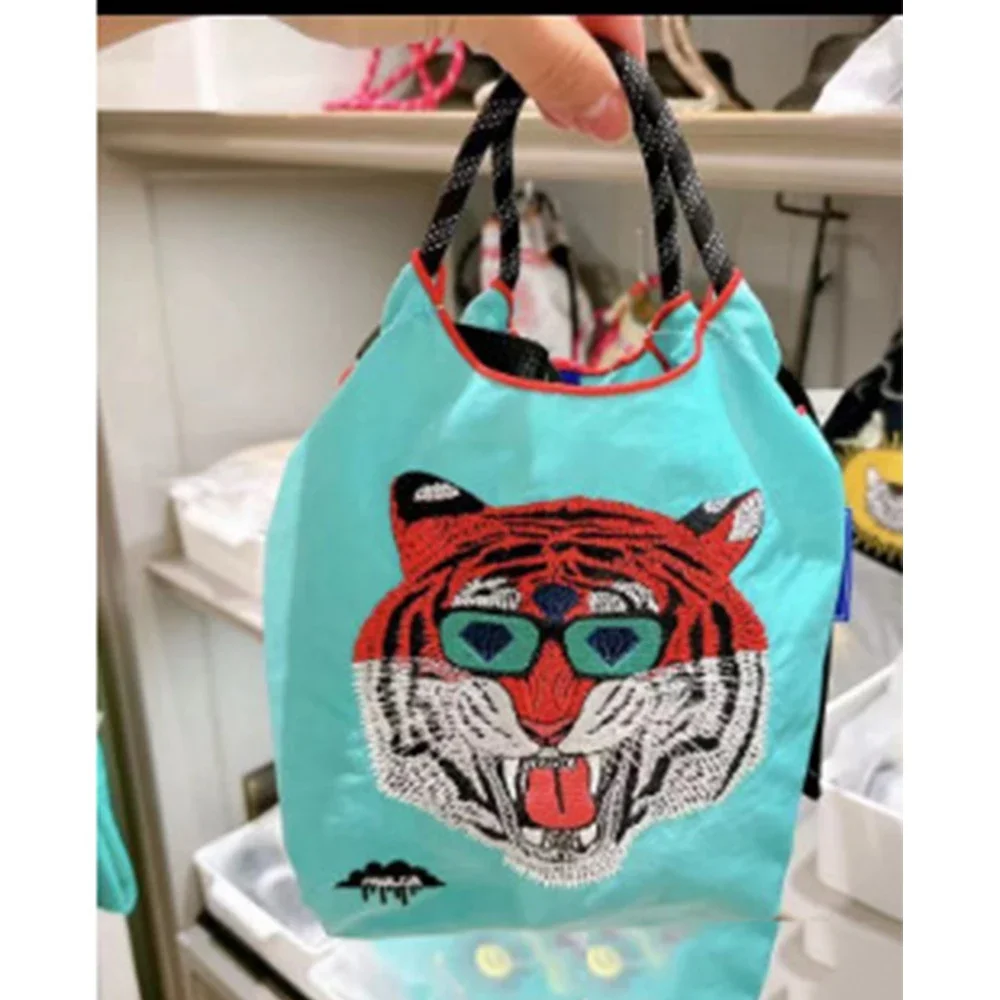 Bolso de mano ecológico bordado de tigre para mujer, Mini bolso de mano de nailon con asa de cuerda, de diseñador