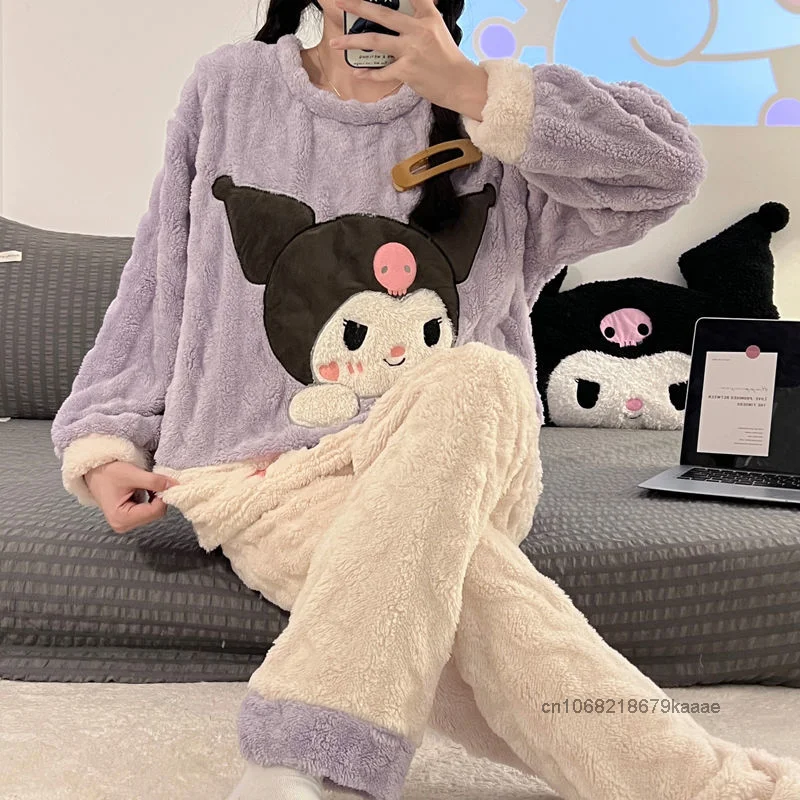 Sanrio Kuromi Cartoon Cute Coral Plush Pajamas Sweet Y2k Girl Style Warm Sleepwear Women Autumn Winter Thicken Flannel Home Set