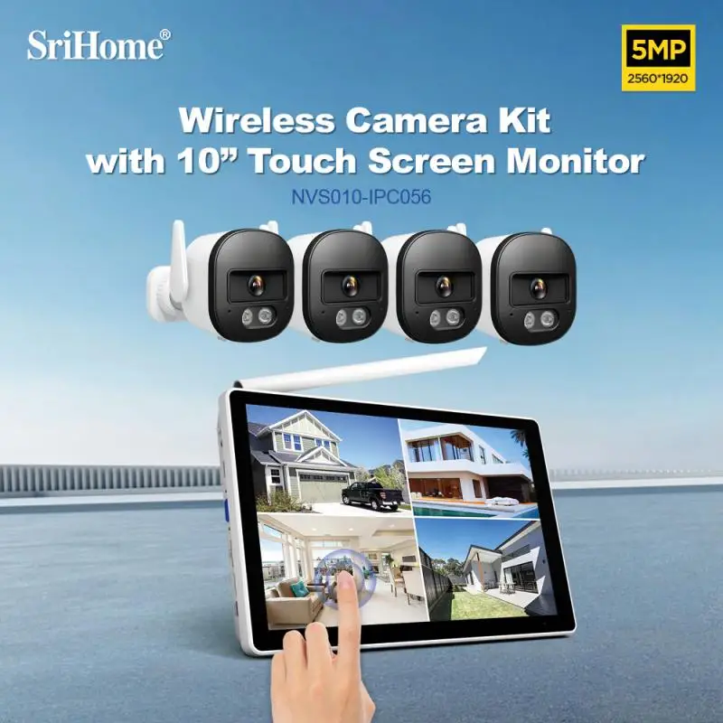 

Srihome 5MP Wireless CCTV System 4CH NVR WiFi Camera Kit IP Cameras Security Audio Video Surveillance Set Two Way Audio Monitor