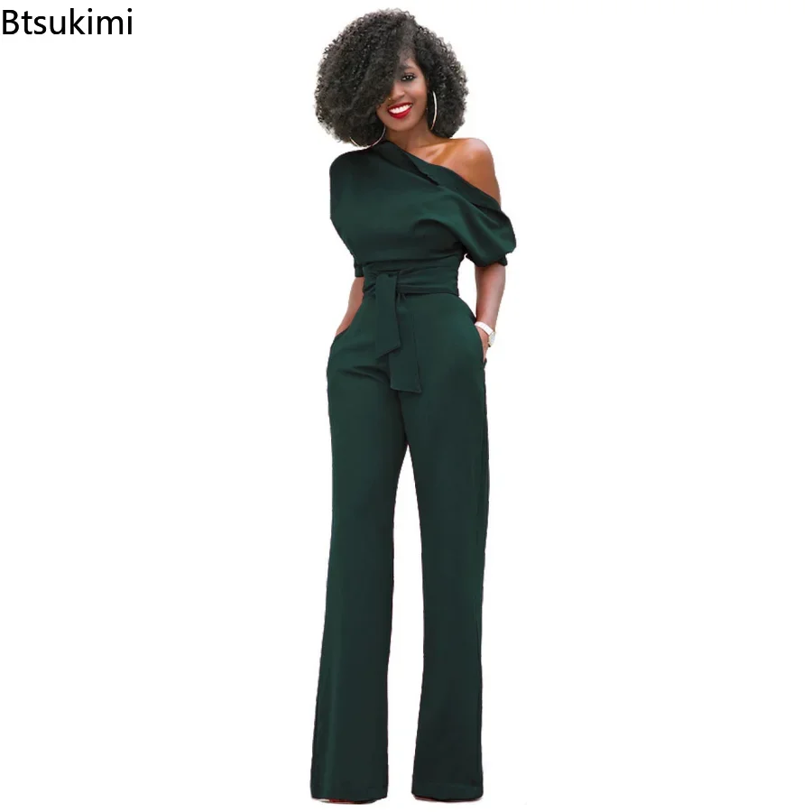 2024 Spring Autumn Casual Jumpsuit Women Elegant One Shoulder Slash Neck Romper Overalls Full Length Jumpsuit Wide Legs Jumpsuit