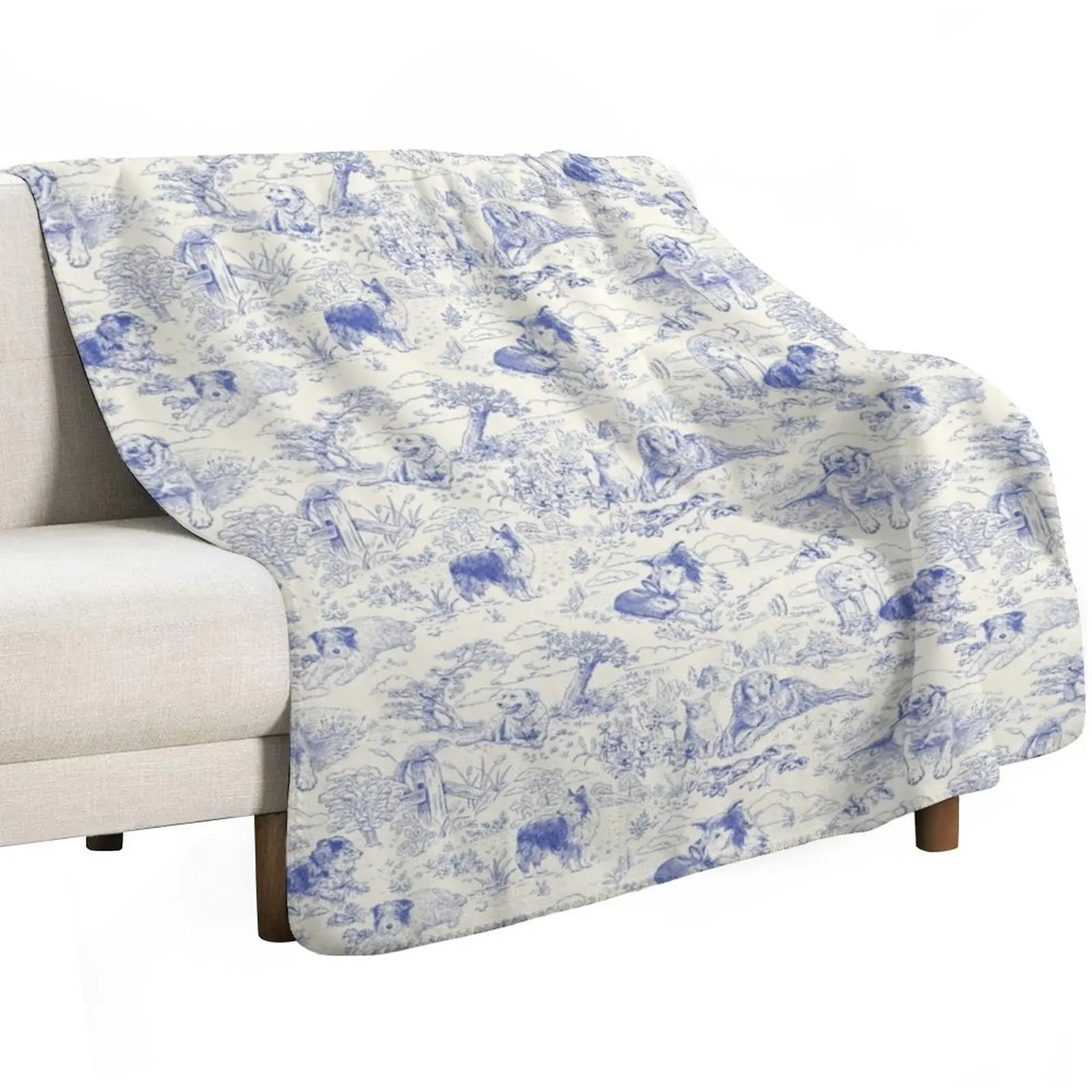 Country Dogs Toile with Collie, Aussie and Jack Russell Terrier in Blue and White Throw Blanket Soft Plush Plaid Furry Blankets