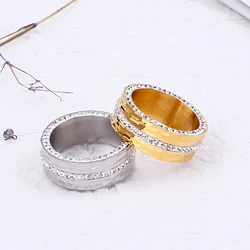 New Design Gold Color Charm Rings for Women Two-row Cubic Zircon Wedding Fancy Stainless Steel Various Sizes Engagement Rings