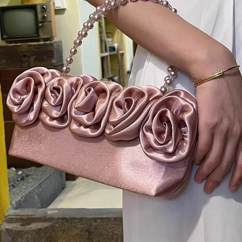 Retro Elegant Rose Handbag Women Pearl Handle Horizontal Silk Bag Ladies Romantic High End Luxury Design Banquet Purse Chic 2025
