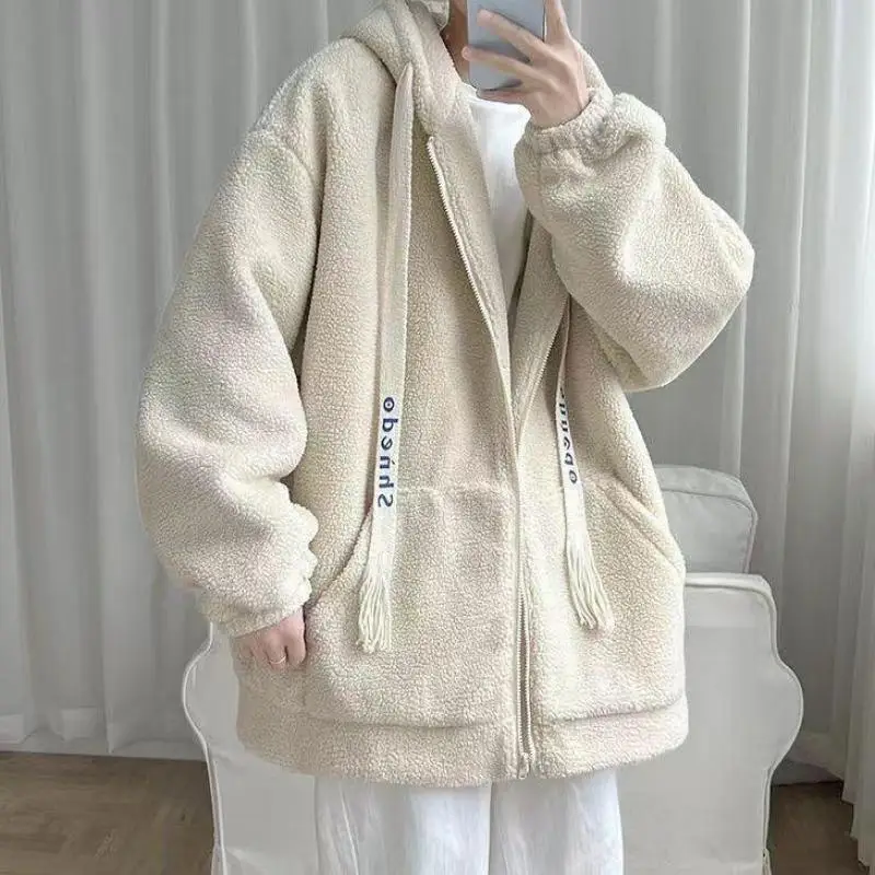 Fashion Bean Green Thick Drawcord Loose Coat Winter Men Hoodie Letter Shnedo Sweatshirt Long Sleeve Pullover Lamb Wool Male New