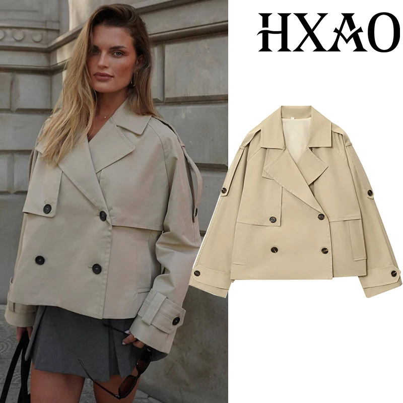 

HXAO женский плащ двубортный ветровка укороченное пальто осенний водонепроницаемый женский короткий плащ с длинными рукавами