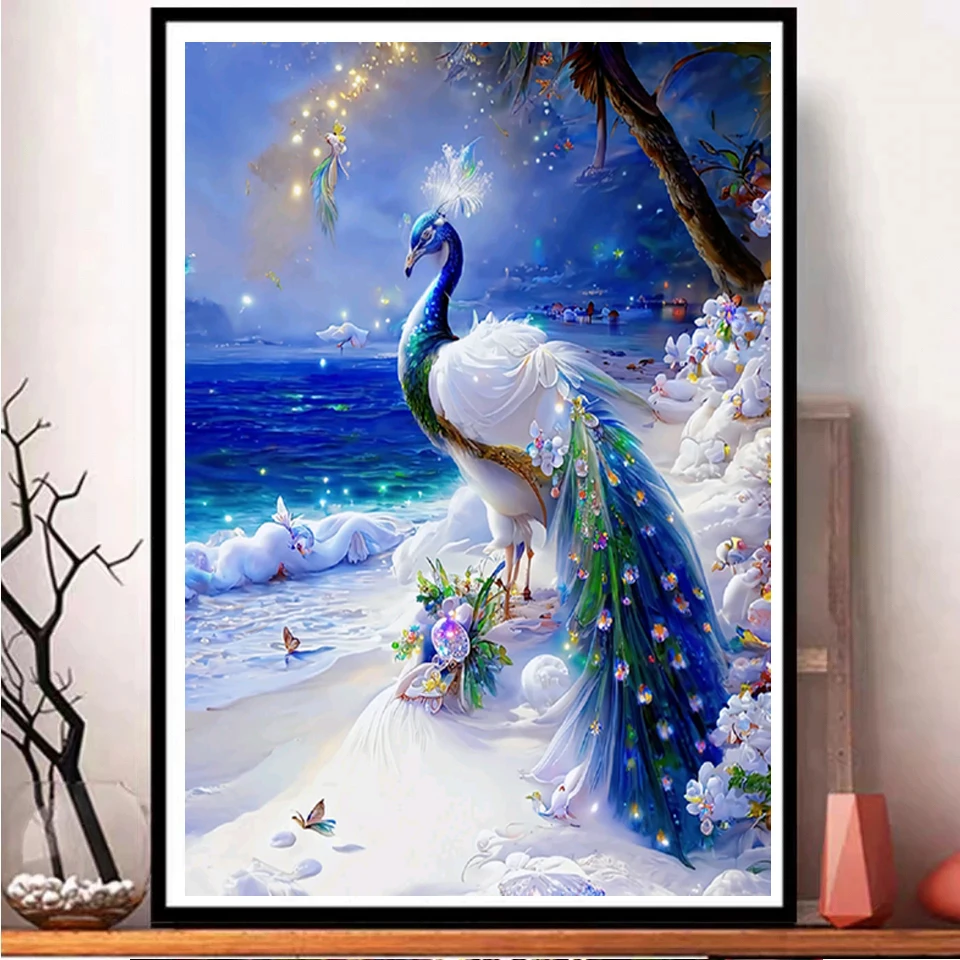 Birds And Flowers Art 5D Diy Diamond Painting Seaside Opening White Gold Peacock Full Mosaic Cross Stitch Home Decor E474